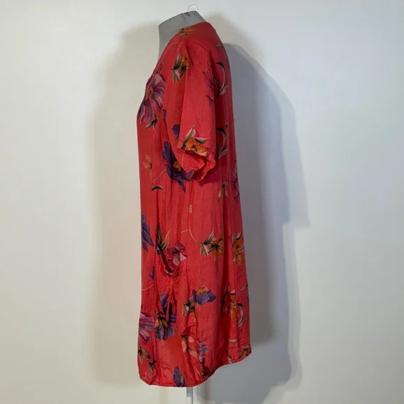Bella Amore Linen Dress Women’s Medium Orange Red Purple Pockets Floral V-Neck - Picture 4 of 13